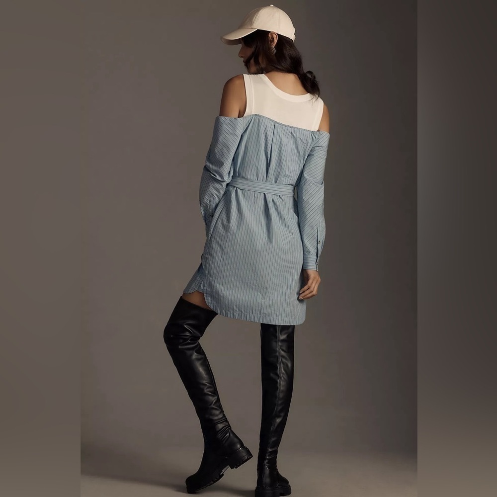 Anthropologie Blue Stripe Layered Button Front Shirt Dress Cold Shoulder L NWT - Picture 2 of 4